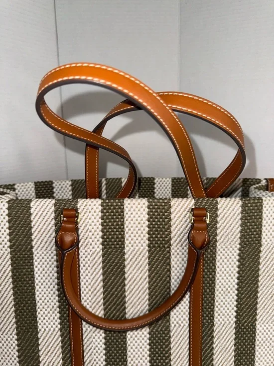 Tory Burch Blake Grove Green & White Striped Canvas Tote Cognac Leather Trim - Picture 10 of 14